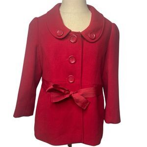 Forever 21 Size Large Short Peacoat Cherry Red Belted Chunky Button Floral Liner